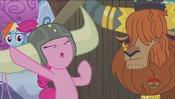 Size: 1920x1080 | Tagged: safe, screencap, pinkie pie, prince rutherford, rainbow dash, pony, g4, not asking for trouble, helmet, honorary yak horns, horned helmet, viking helmet
