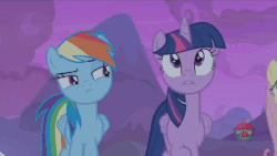 Size: 400x225 | Tagged: safe, screencap, fluttershy, rainbow dash, twilight sparkle, alicorn, pegasus, pony, g4, not asking for trouble, animated, female, flying, gif, lidded eyes, looking at each other, nodding, rainbow trail, smiling, spread wings, twilight sparkle (alicorn), wings