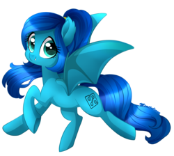 Size: 2844x2548 | Tagged: safe, artist:mimijuliane, oc, oc only, oc:cerulean circuit, bat pony, pony, bat pony oc, blue eyes, blue hair, cute, cute little fangs, fangs, high res, looking at you, rule 63, scrunchie, simple background, smiling, solo, spread wings, transparent background, trotting, walking, wings