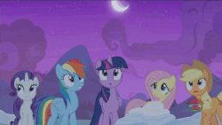 Size: 768x432 | Tagged: safe, screencap, applejack, fluttershy, pinkie pie, rainbow dash, rarity, twilight sparkle, alicorn, pony, g4, not asking for trouble, animated, crescent moon, female, gif, goggles, grappling hook, hot air balloon, mane six, moon, pinkie spy, rope, spy outfit, twilight sparkle (alicorn), twinkling balloon