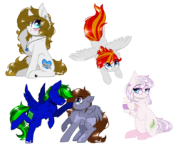 Size: 1210x993 | Tagged: safe, artist:cloud-drawings, oc, oc only, oc:circuit breaker, oc:gamerbeats, oc:heart fire, oc:heartfire, oc:tea leaf, earth pony, pegasus, pony, boop, chibi, female, flying, male, mare, simple background, stallion, transparent background