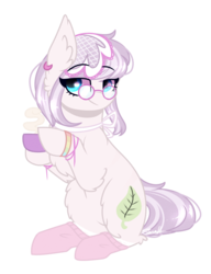 Size: 1569x2047 | Tagged: safe, artist:cloud-drawings, oc, oc only, oc:tea leaf, earth pony, pony, clothes, coffee, cup, female, glasses, mare, simple background, sitting, socks, solo, transparent background