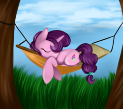 Size: 1800x1600 | Tagged: safe, artist:lcpegasister75, sugar belle, pony, unicorn, g4, hard to say anything, female, grass, hammock, mare, sleeping, solo, tree