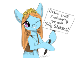 Size: 1600x1200 | Tagged: safe, artist:faline-art, oc, oc only, pony, female, grin, hippie, mare, one eye closed, protest, sign, silly, silly pony, simple background, smiling, solo, white background, wink