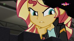 Size: 1920x1080 | Tagged: safe, screencap, sunset shimmer, equestria girls, equestria girls specials, g4, my little pony equestria girls: movie magic, clothes, jacket, leather jacket, lip bite, teletoon