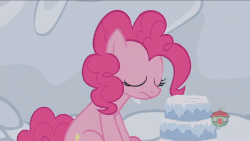 Size: 768x432 | Tagged: safe, screencap, pinkie pie, prince rutherford, pony, g4, not asking for trouble, animated, brain freeze, cake, eating, food, gif, icicle, shivering, snow, snow cake, swallowing, throat bulge