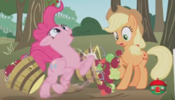 Size: 969x554 | Tagged: safe, screencap, applejack, pinkie pie, pony, g4, not asking for trouble, basket, bump, bushel basket, clumsy, pure unfiltered evil, surprised