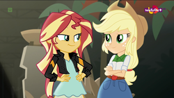 Size: 1920x1080 | Tagged: safe, screencap, applejack, sunset shimmer, equestria girls, equestria girls specials, g4, my little pony equestria girls: movie magic, clothes, cowboy hat, faic, freckles, hand on hip, hat, jacket, leather jacket, looking at each other, plant, smiling, smug, smugset shimmer, teletoon