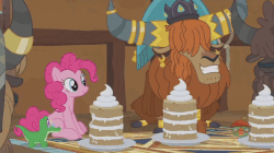 Size: 653x365 | Tagged: safe, screencap, gummy, pinkie pie, prince rutherford, earth pony, pony, yak, g4, not asking for trouble, animated, cake, cloven hooves, eating, female, food, gif, male, swallowing, throat bulge, unnamed character, unnamed yak