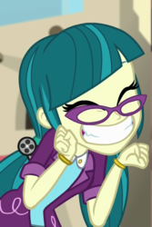 Size: 683x1020 | Tagged: safe, screencap, juniper montage, equestria girls, movie magic, spoiler:eqg specials, ^^, adorkable, baubles, blazer, bracelet, clothes, cropped, cute, cute little fangs, dork, eyes closed, fangs, female, glasses, grin, hair tie, happy, india movie set, jewelry, junibetes, pigtails, shirt, smiling, solo, squee, standing, twintails