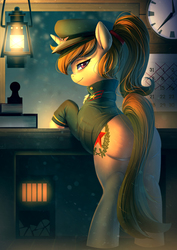 Size: 990x1400 | Tagged: safe, artist:bakki, oc, oc only, oc:katya ironstead, alicorn, pony, butt, chest fluff, clock, clothes, female, hat, lantern, looking at you, looking back, papers please, peaked cap, plot, solo, trenchcoat, uniform