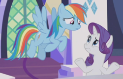 Size: 842x544 | Tagged: safe, screencap, rainbow dash, rarity, pony, g4, not asking for trouble, shrug