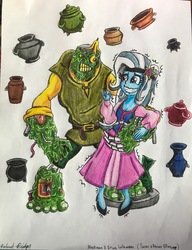 Size: 2663x3468 | Tagged: safe, artist:bozzerkazooers, trixie, equestria girls, g4, crossover, high res, muckman, shipping, teenage mutant ninja turtles, traditional art