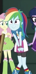 Size: 245x494 | Tagged: safe, screencap, fluttershy, rainbow dash, sci-twi, twilight sparkle, equestria girls, equestria girls specials, g4, my little pony equestria girls: movie magic, boots, bracelet, c:, clothes, compression shorts, cropped, cute, dashabetes, excited, female, geode of super speed, glasses, jewelry, knees pressed together, legs, magical geodes, ponytail, pose, rainbow dash is best facemaker, skirt, smiling, socks, wristband