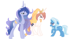 Size: 1600x842 | Tagged: safe, artist:luckyclau, princess celestia, princess luna, trixie, alicorn, pony, unicorn, a royal problem, g4, alternate universe, female, mare, simple background, transparent background, vector