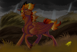 Size: 2800x1900 | Tagged: safe, artist:brainiac, oc, oc only, oc:calamity, pegasus, pony, fallout equestria, chest fluff, cloud, floppy ears, large wings, male, solo, stallion, wasteland, wing fluff, wings