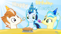 Size: 3840x2160 | Tagged: safe, artist:chainchomp2, fire streak, misty fly, soarin', pegasus, pony, g4, 4k, :p, birthday, candle, female, food, gift art, happy birthday, hat, high res, male, mare, noisemaker, party hat, pie, signature, stallion, sunburst background, that pony sure does love pies, tongue out, trio, vector, wonderbolts