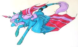 Size: 1024x621 | Tagged: safe, artist:oneiria-fylakas, pegasus, pony, female, flying, mare, simple background, solo, traditional art, white background