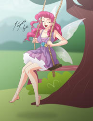 Size: 2153x2786 | Tagged: safe, artist:shinta-girl, pinkie pie, fairy, human, g4, barefoot, eyes closed, feet, female, high res, humanized, legs, signature, solo, swing, tree, winged humanization, wings