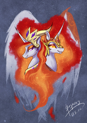 Size: 2480x3507 | Tagged: dead source, safe, artist:begasus, daybreaker, nightmare star, alicorn, pony, a royal problem, g4, crown, day star, duality, female, helmet, high res, jewelry, lesbian, mare, regalia, shipping, smiling