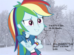 Size: 1024x768 | Tagged: safe, edit, edited screencap, screencap, rainbow dash, equestria girls, equestria girls specials, g4, my little pony equestria girls: movie magic, cold, crossed arms, female, freezing, freezing fetish, geode of super speed, magical geodes, shivering, smiling, snow, solo, talking, winter