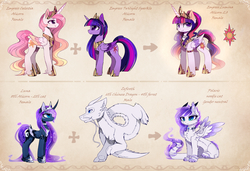 Size: 3410x2331 | Tagged: safe, artist:magnaluna, princess celestia, princess luna, twilight sparkle, oc, oc:lumina, oc:polaris, oc:zefiroth, alicorn, chinese dragon, dracony, dragon, hybrid, pony, canon x oc, cheek fluff, chest fluff, chin fluff, collar, colored wings, colored wingtips, crown, curved horn, cute, ear fluff, female, fluffy, furry dragon, fusion, galaxy mane, horn, jewelry, leg fluff, lesbian, looking at each other, looking at you, male, mare, paws, regalia, royal sisters, shipping, simple background, smiling, translucent mane, twiabetes, twilestia, twilight sparkle (alicorn), underpaw, wing fluff, wingding eyes