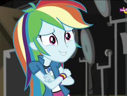 Size: 1024x768 | Tagged: safe, screencap, rainbow dash, equestria girls, equestria girls specials, g4, my little pony equestria girls: movie magic, cropped, crossed arms, cute, dashabetes, female, geode of super speed, magical geodes, necklace, pendant, smiling, solo, wristband