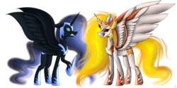 Size: 8000x4000 | Tagged: dead source, safe, artist:akameow665, daybreaker, nightmare moon, pony, a royal problem, g4, absurd resolution, evil grin, floppy ears, grin, gritted teeth, raised hoof, royal sisters, simple background, smiling, spread wings, transparent background, wings