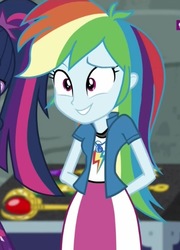 Size: 411x572 | Tagged: safe, screencap, rainbow dash, sci-twi, twilight sparkle, equestria girls, equestria girls specials, g4, my little pony equestria girls: movie magic, cropped, cute, dashabetes, excited, female, geode of super speed, grin, hands behind back, magical geodes, nervous, nervous smile, raised eyebrow, smiling