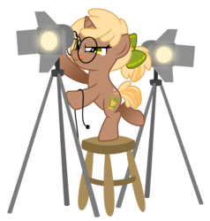 Size: 3361x3529 | Tagged: safe, artist:lostinthetrees, oc, oc only, oc:copper chip, pony, unicorn, babscon, female, filly, glasses, high res, mare, simple background, solo, spotlight, stool, tongue out, transparent background