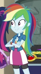 Size: 263x476 | Tagged: safe, screencap, rainbow dash, sci-twi, twilight sparkle, equestria girls, equestria girls specials, g4, my little pony equestria girls: movie magic, clothes, collar, collar shirt, cropped, crossed arms, female, geode of super speed, hair, magical geodes, offscreen character, ponytail, rainbow dash's shirt with a collar, shirt, shirt with a collar, skirt, smiling, t-shirt, teenager, wristband