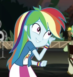 Size: 479x503 | Tagged: safe, screencap, canter zoom, rainbow dash, equestria girls, equestria girls specials, g4, my little pony equestria girls: movie magic, chair, clothes, cropped, cute, dashabetes, female, skirt, smiling, solo focus, wristband