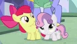 Size: 700x400 | Tagged: safe, screencap, apple bloom, bow hothoof, sweetie belle, earth pony, pegasus, pony, unicorn, g4, parental glideance, animated, cropped, female, filly, foal, gif, male, pony pyramid, stallion, trio, vibrating