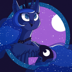 Size: 500x500 | Tagged: safe, artist:archego-art, princess luna, alicorn, pony, g4, cute, cute little fangs, fangs, female, looking up, mare, moon, night, solo, stars