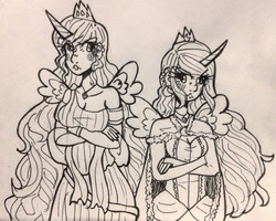 Size: 2448x1955 | Tagged: safe, artist:mylittleyuri, princess celestia, princess luna, human, a royal problem, g4, horn, horned humanization, humanized, lineart, monochrome, sisters, traditional art