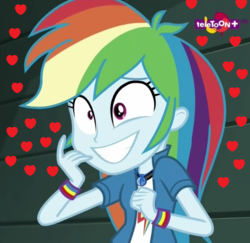 Size: 587x571 | Tagged: safe, edit, edited screencap, screencap, rainbow dash, equestria girls, equestria girls specials, g4, my little pony equestria girls: movie magic, bracelet, cropped, cute, dashabetes, female, geode of super speed, grin, heart, in love, jewelry, magical geodes, nervous, nervous smile, smiling, solo, teletoon, wristband