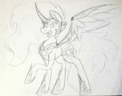 Size: 3307x2609 | Tagged: safe, artist:jroxs12pone, daybreaker, alicorn, pony, a royal problem, g4, female, grayscale, high res, monochrome, raised hoof, sketch, smiling, solo, traditional art