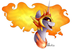Size: 1949x1322 | Tagged: safe, artist:skimea, daybreaker, alicorn, pony, a royal problem, g4, bust, evil grin, female, grin, looking at you, simple background, smiling, solo, transparent background
