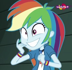 Size: 587x571 | Tagged: safe, screencap, rainbow dash, equestria girls, equestria girls specials, g4, my little pony equestria girls: movie magic, bracelet, cropped, cute, dashabetes, female, geode of super speed, grin, jewelry, magical geodes, necklace, nervous, nervous smile, pendant, rainbow dash is best facemaker, smiling, solo, teletoon, wristband