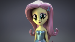 Size: 3840x2160 | Tagged: safe, artist:creatorofpony, artist:efk-san, fluttershy, equestria girls, g4, 3d, bare shoulders, blender, breasts, clothes, crying, dress, fall formal outfits, female, gradient background, high res, looking at you, makeup, running makeup, sleeveless, solo, strapless