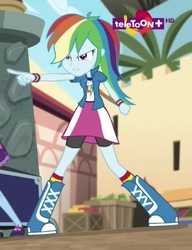 Size: 392x510 | Tagged: safe, screencap, rainbow dash, sci-twi, twilight sparkle, equestria girls, equestria girls specials, g4, my little pony equestria girls: movie magic, angry, boots, bracelet, clothes, compression shorts, cropped, female, geode of super speed, india movie set, jewelry, magical geodes, offscreen character, pointing, rainbow dash's shirt with collar, shoes, skirt, socks, solo, stop right there criminal scum, striped socks, teletoon, upset, wristband