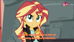 Size: 1600x900 | Tagged: safe, screencap, sunset shimmer, equestria girls, equestria girls specials, g4, my little pony equestria girls: movie magic, clothes, female, jacket, leather jacket, link in description, looking at you, solo, subtitles