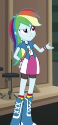 Size: 242x515 | Tagged: safe, screencap, rainbow dash, equestria girls, equestria girls specials, g4, my little pony equestria girls: movie magic, boots, bracelet, clothes, compression shorts, cool, cropped, female, geode of super speed, hand on butt, hand on hip, jewelry, magical geodes, pose, skirt, socks, solo, striped socks, thinking, wristband