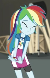 Size: 330x516 | Tagged: safe, screencap, rainbow dash, equestria girls, equestria girls specials, g4, my little pony equestria girls: movie magic, clothes, collar, collar shirt, compression shorts, cropped, cute, dashabetes, eyes closed, female, flattered, geode of super speed, grin, jewelry, magical geodes, moe, nervous, nervous smile, rainbow dash's shirt with a collar, shirt, shirt with a collar, skirt, smiling, solo, t-shirt, wristband