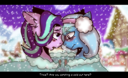 Size: 1189x733 | Tagged: safe, artist:dear-deerr, starlight glimmer, trixie, pony, unicorn, g4, blushing, clothes, coat, female, hat, lesbian, mare, ship:startrix, shipping, snow, wavy mouth