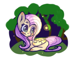 Size: 746x662 | Tagged: safe, artist:sallyrainbom, fluttershy, firefly (insect), pony, g4, female, folded wings, looking at something, missing cutie mark, prone, simple background, solo, transparent background, turned head