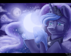 Size: 1080x841 | Tagged: safe, artist:madamsara76, princess luna, pony, g4, cloud, crying, female, moon, night, solo, stars, tangible heavenly object