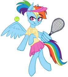 Size: 2557x2881 | Tagged: safe, artist:astralblues, rainbow dash, pony, g4, clothes, cute, female, high res, ponytail, shirt, simple background, skirt, skirt lift, solo, tennis, tennis ball, tennis racket, white background, wing hands