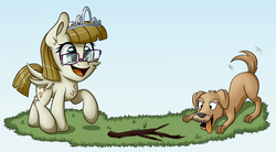 Size: 2317x1280 | Tagged: safe, artist:sentireaeris, ripley, zippoorwhill, dog, pony, forever filly, g4, blue background, glasses, grass, leaf, open mouth, simple background, stick, tongue out