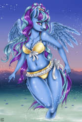 Size: 1200x1800 | Tagged: safe, artist:teshima, oc, oc only, oc:wind whistler, pegasus, anthro, unguligrade anthro, beach, belly button, bikini, bow, breasts, chest fluff, clothes, commission, female, frilled swimsuit, jewelry, long mane, ocean, pretty, solo, sunrise, swimsuit, water, ych result
